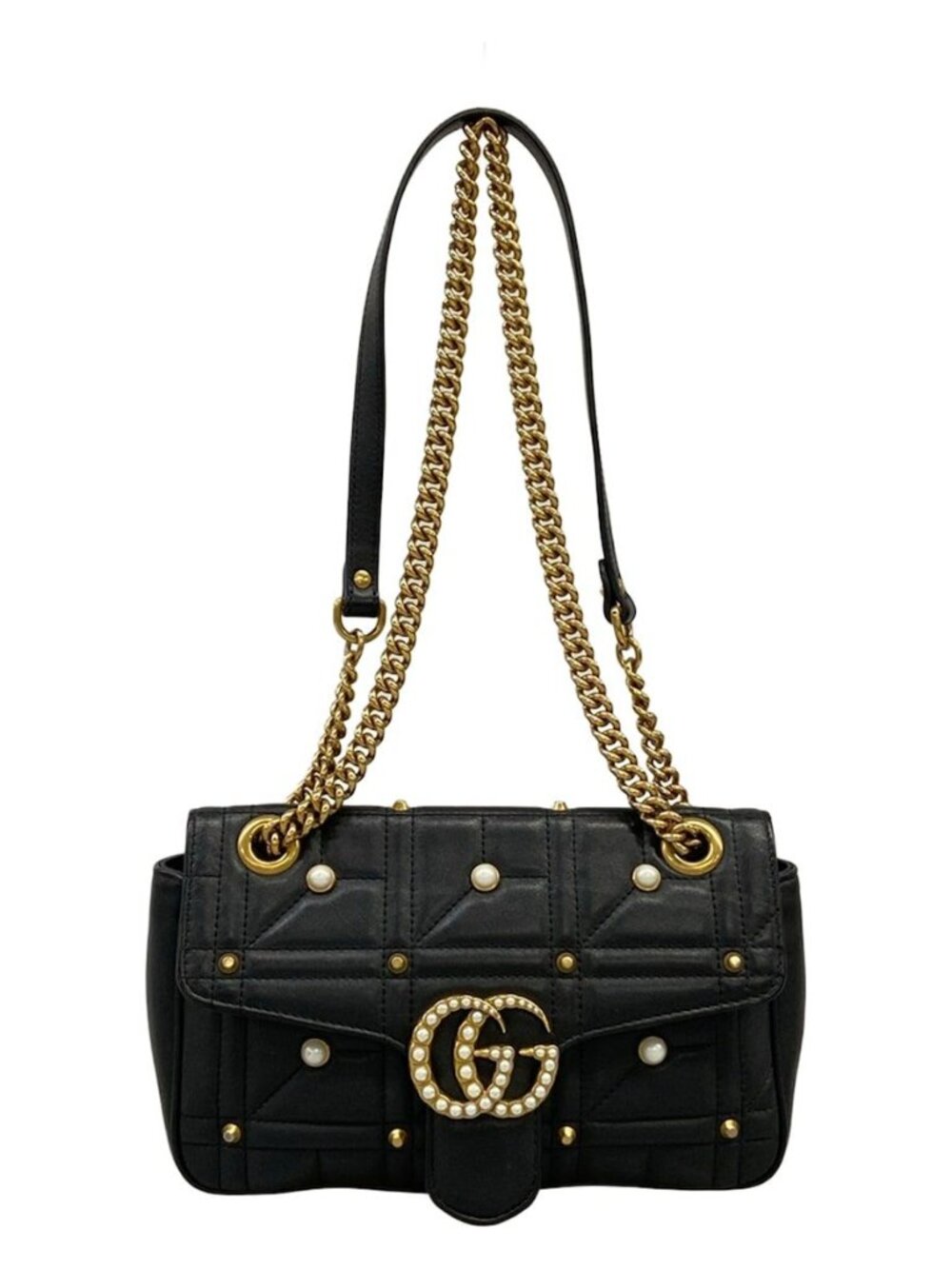 Gucci Shoulder Bag GG Marmont Quilted Small Bag Black Chain Pearl Studs Leather